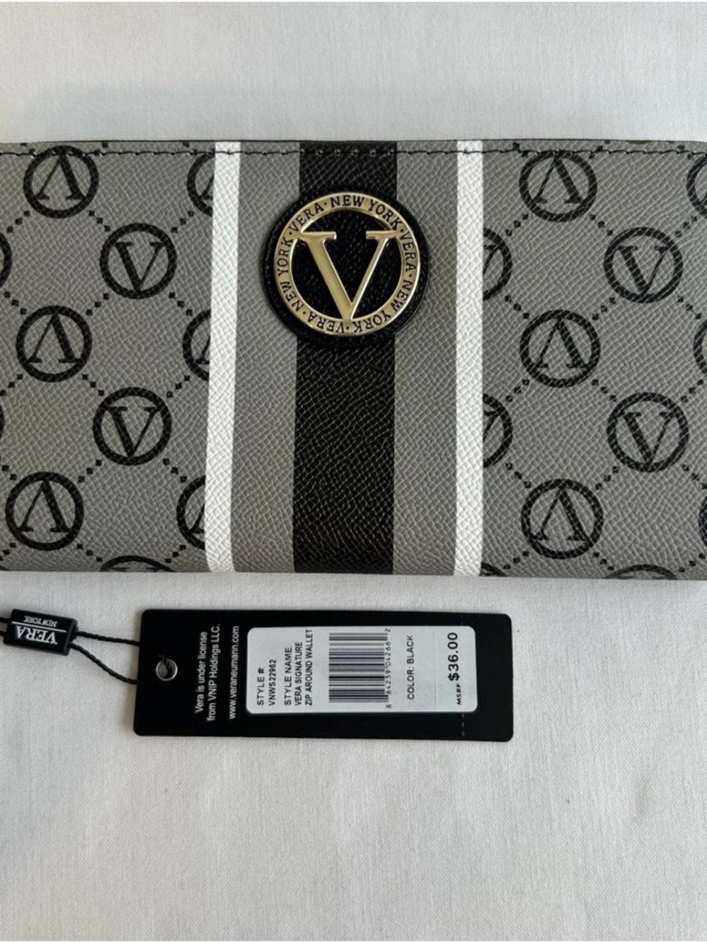 Vera New York Wallet Womens Zip Around Black Signature Logo